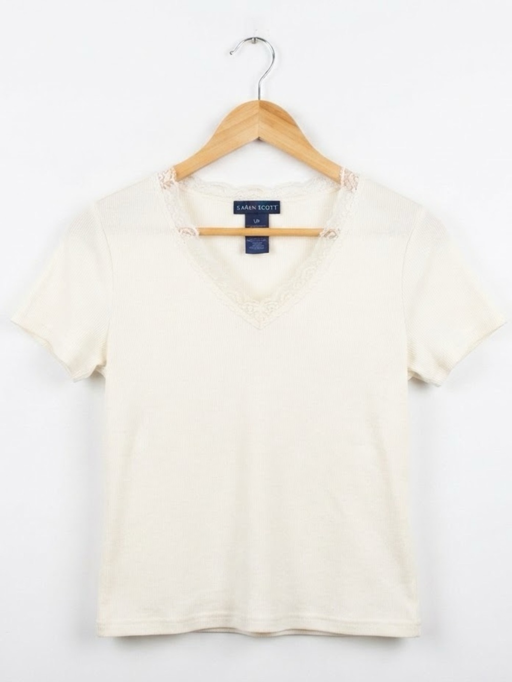 🍒 Coquette Core Lace Trim V Neck T Shirt White MEDIUM